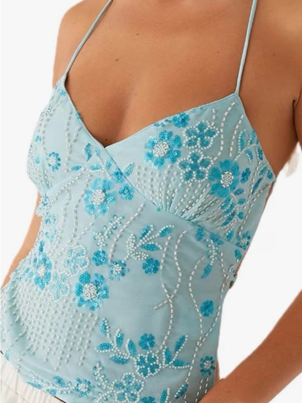 Embroidered Beaded Cami Top with Tie Back - Blue